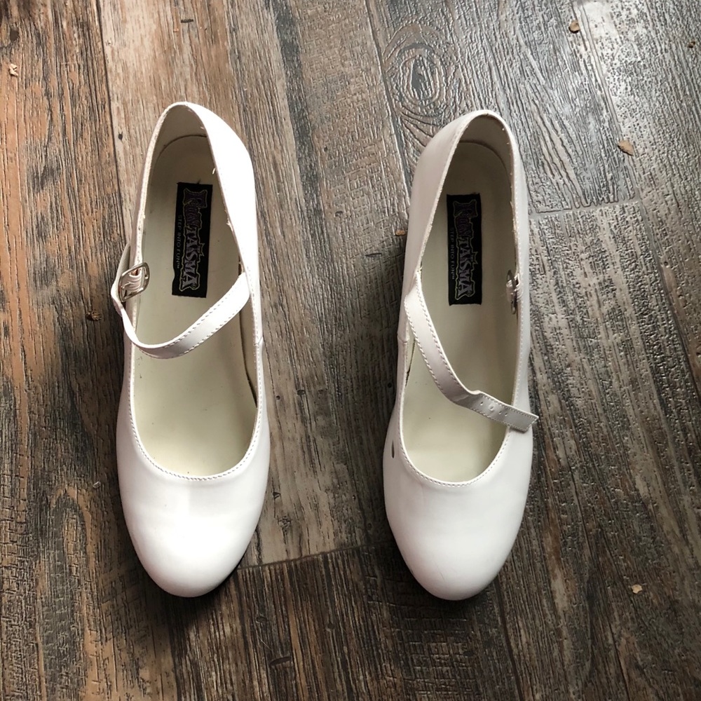 White Low Heel Shoes with Strap